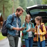 Famille souriante préparant ses bagages en plein air