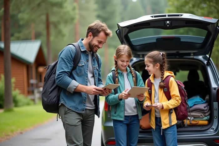 Famille souriante préparant ses bagages en plein air
