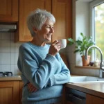 Femme de 60 ans dégustant du thé dans la cuisine chaleureuse