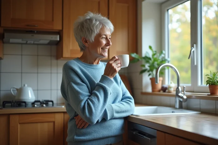 Femme de 60 ans dégustant du thé dans la cuisine chaleureuse