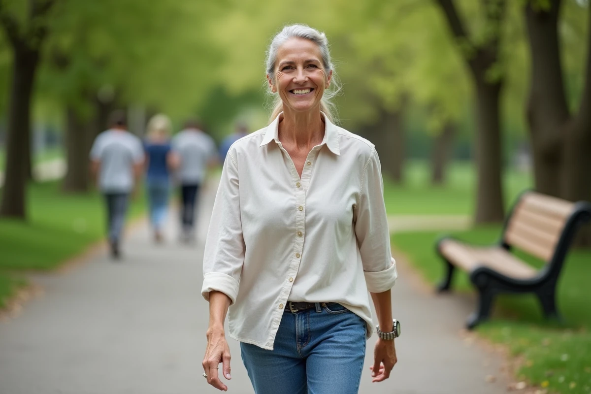 Femme de 60 ans marchant dans un parc au printemps