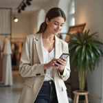 Femme élégante consultant un agenda de ventes privées sur smartphone dans une boutique parisienne