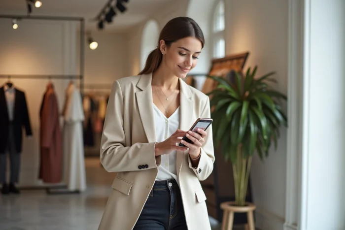 Femme élégante consultant un agenda de ventes privées sur smartphone dans une boutique parisienne