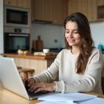 Femme souriante vérifiant ses factures avec un ordinateur