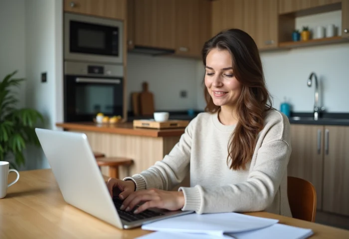 Femme souriante vérifiant ses factures avec un ordinateur