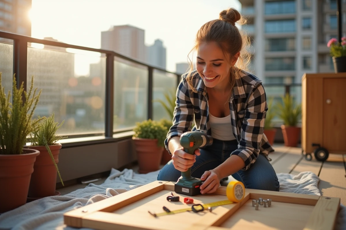 Jeune femme assemblant une étagère sur un balcon ensoleille