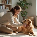 Femme dans un salon cosy brossant un chien doré