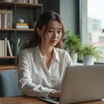 Jeune femme concentrée travaillant sur son ordinateur dans un intérieur cosy