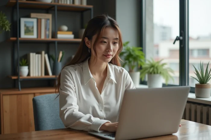 Jeune femme concentrée travaillant sur son ordinateur dans un intérieur cosy