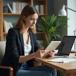 Jeune femme en bureau moderne utilisant une tablette