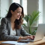 Femme souriante travaillant sur un ordinateur dans un bureau urbain
