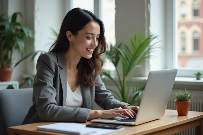 Femme souriante travaillant sur un ordinateur dans un bureau urbain