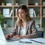 Femme au bureau en tenue décontractée concentrée sur ses documents