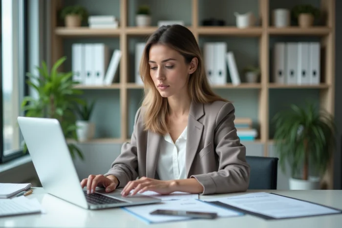 Femme au bureau en tenue décontractée concentrée sur ses documents