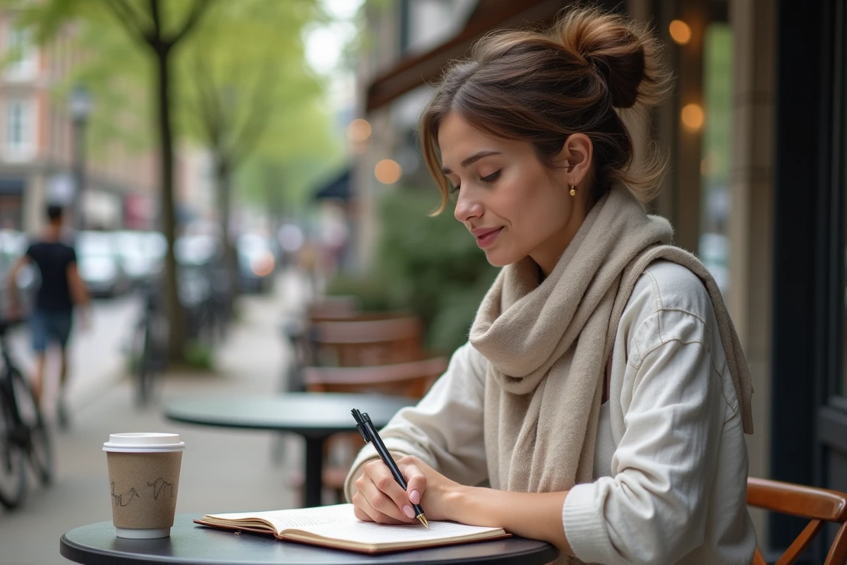 Jeune femme écrivant dans un carnet à une table de café en ville