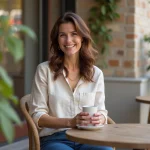 Femme souriante assise en terrasse de café en linen