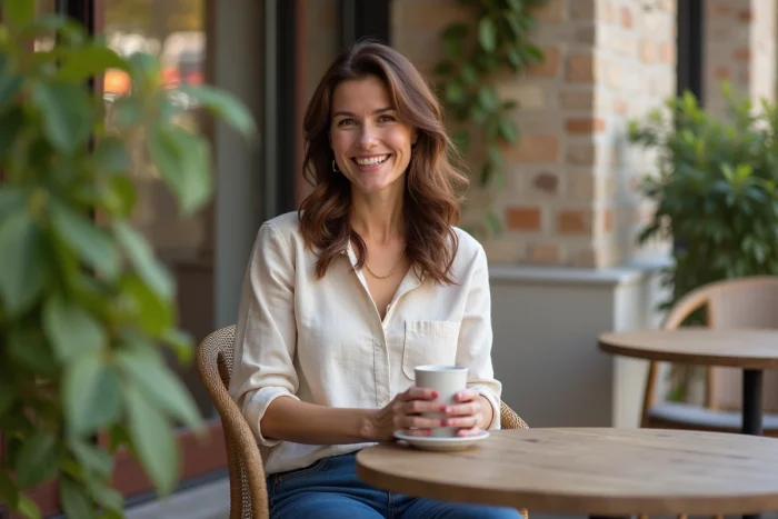 Femme souriante assise en terrasse de café en linen