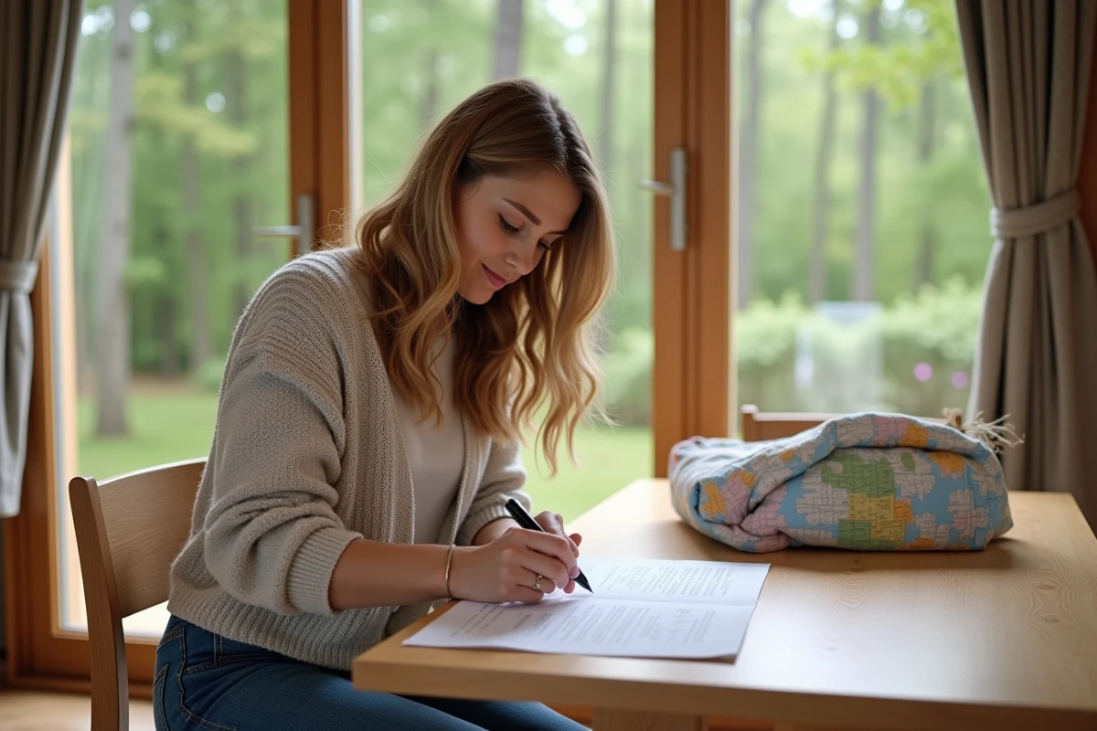Femme concentrée vérifiant sa liste dans un cottage