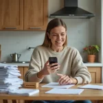 Femme vérifiant son colis dans la cuisine lumineuse