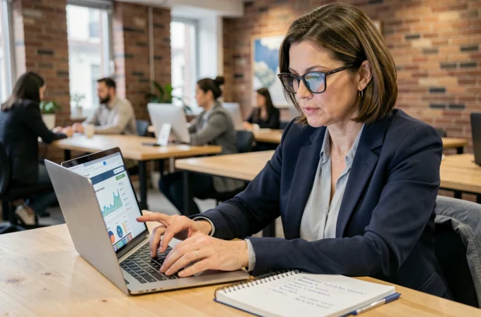 Femme d'affaires comparant des entreprises d'investissement en ligne sur un ordinateur portable dans un espace de coworking moderne
