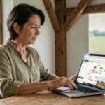 Femme consultant le plan du site Agriculture Et Paysage sur un ordinateur portable dans un bureau rural