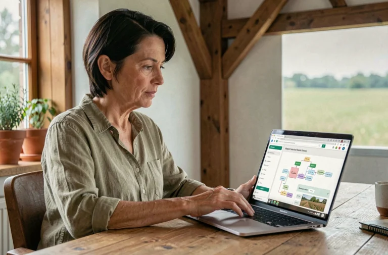 Femme consultant le plan du site Agriculture Et Paysage sur un ordinateur portable dans un bureau rural