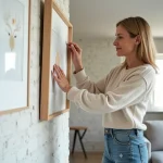 Femme accrochant un cadre décoratif sur un mur intérieur