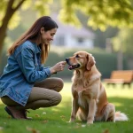 Jeune femme offrant une friandise à un golden retriever dans un parc