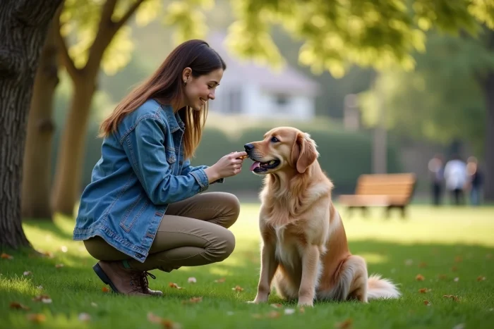 Jeune femme offrant une friandise à un golden retriever dans un parc