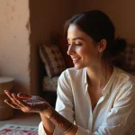 Femme avec henné sur la main dans un intérieur marocain
