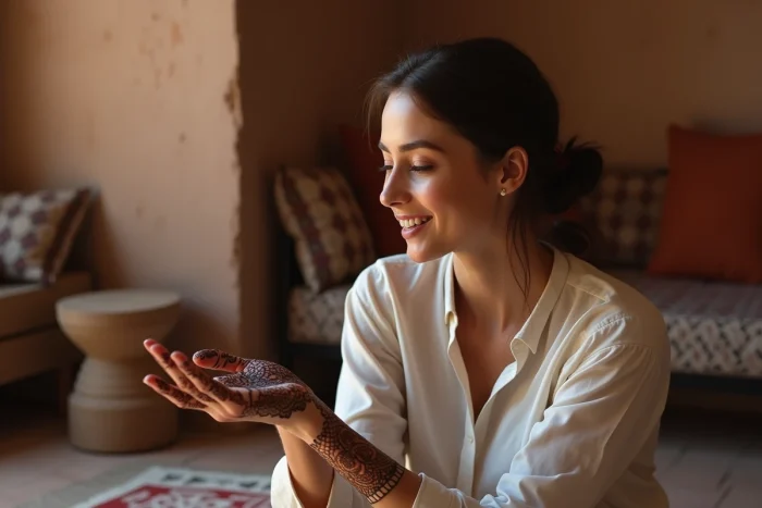 Femme avec henné sur la main dans un intérieur marocain