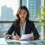 Femme confiante en bureau immobilier avec documents
