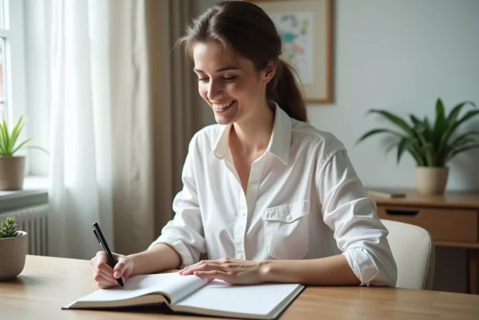 Femme écrivant dans un journal intime à son bureau pour surmonter le burn-out et retrouver un équilibre personnel
