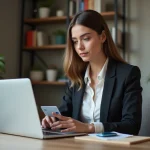 Jeune femme utilisant un ordinateur avec une carte virtuelle