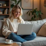Femme souriante travaillant sur un ordinateur dans un salon cosy