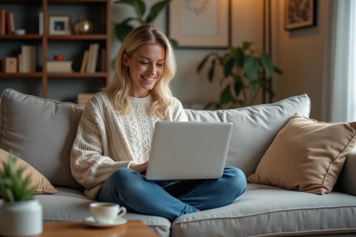 Femme souriante travaillant sur un ordinateur dans un salon cosy