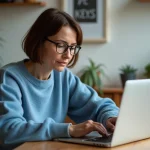 Femme d'âge moyen lisant un email sur son ordinateur à la maison