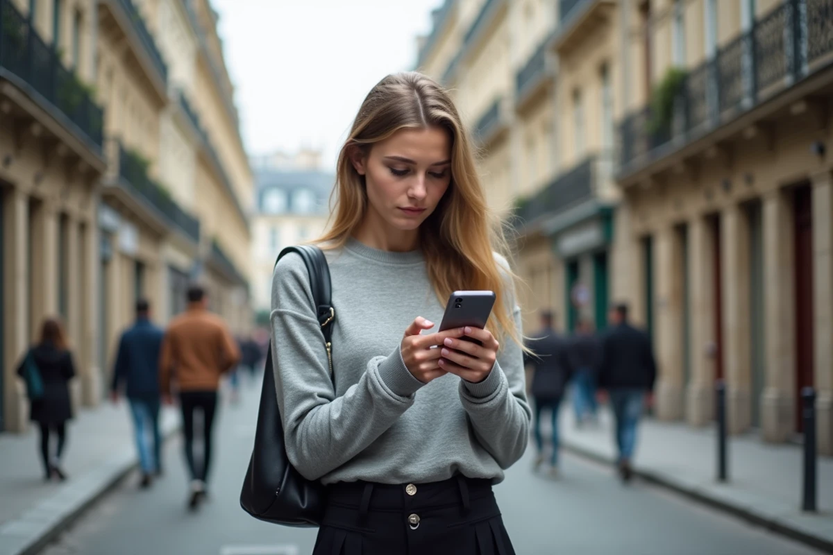 Jeune femme lisant actualités sur smartphone dans rue parisienne