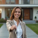 Femme confiante avec clés devant maison moderne