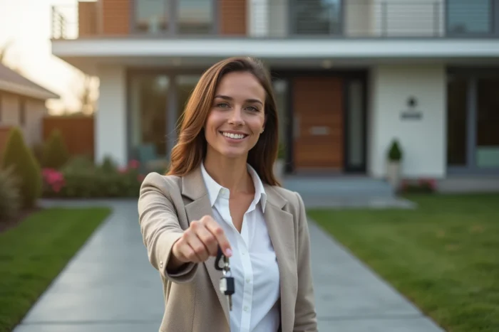 Femme confiante avec clés devant maison moderne