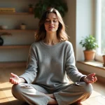 Femme en récupération de burn-out pratiquant la méditation chez elle dans un intérieur minimaliste et apaisant