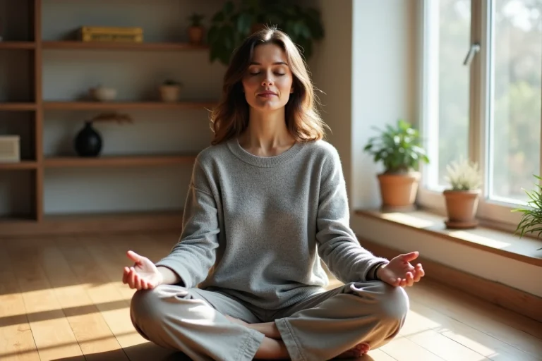 Femme en récupération de burn-out pratiquant la méditation chez elle dans un intérieur minimaliste et apaisant