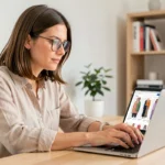 Femme naviguant sur le site Zaza Mode depuis son ordinateur portable dans un bureau moderne