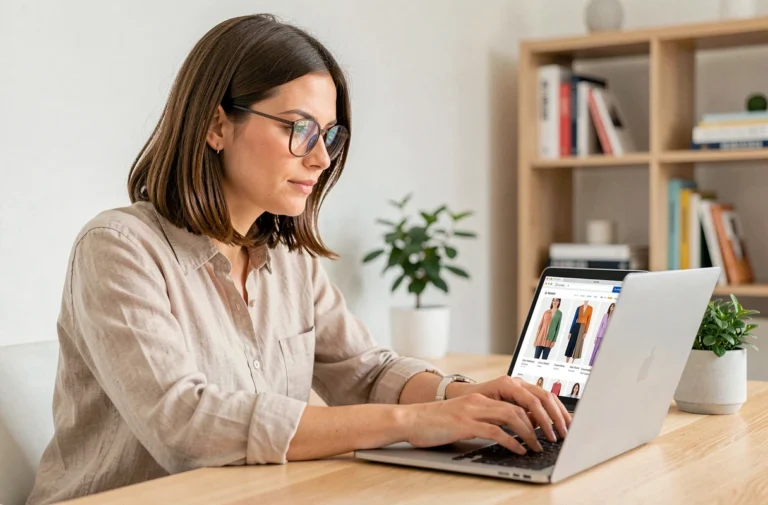 Femme naviguant sur le site Zaza Mode depuis son ordinateur portable dans un bureau moderne