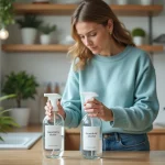 Femme lisant des étiquettes de bouteilles de nettoyage