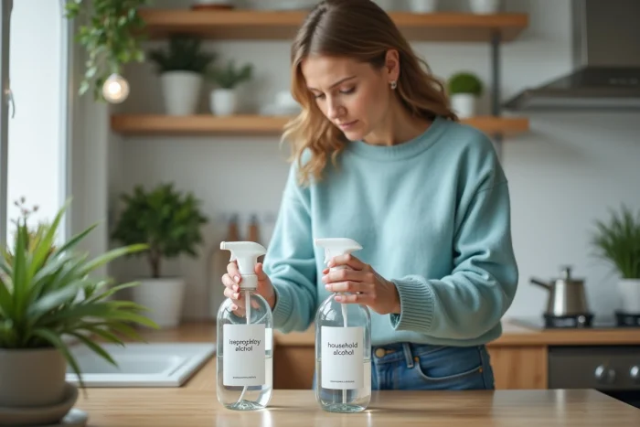 Femme lisant des étiquettes de bouteilles de nettoyage
