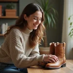 Jeune femme polissant des bottes en cuir dans un intérieur cosy