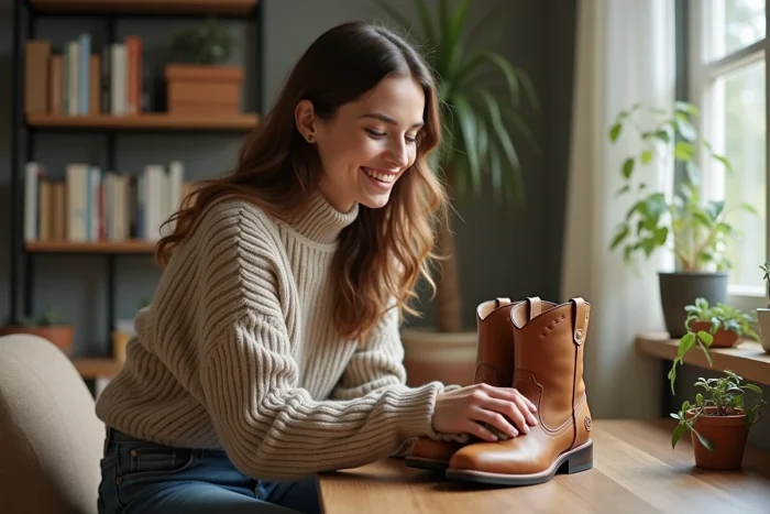 Jeune femme polissant des bottes en cuir dans un intérieur cosy