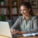 Femme française concentrée sur son ordinateur à la maison
