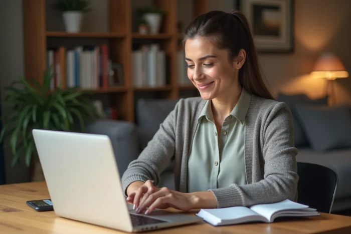 Femme française concentrée sur son ordinateur à la maison